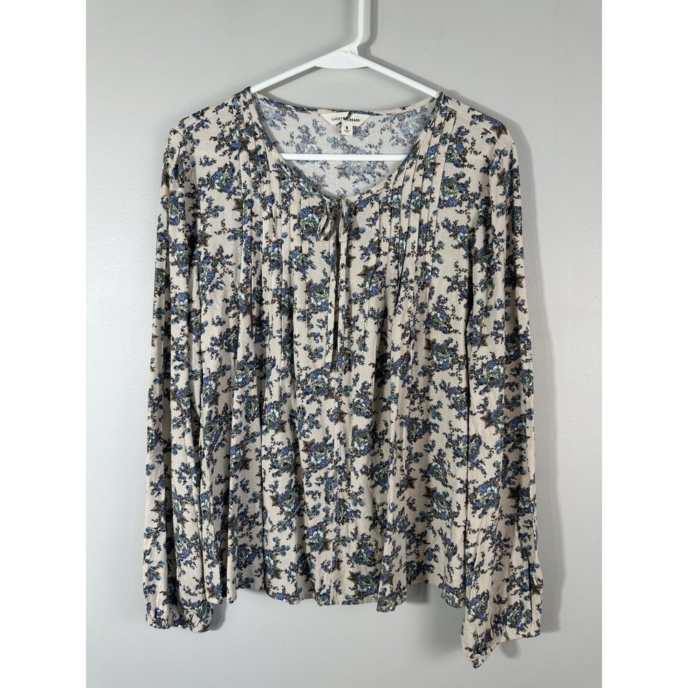 Lucky Brand Top Womens Medium Floral Pintuck Peasant Cottage‎ Sleeve Read
